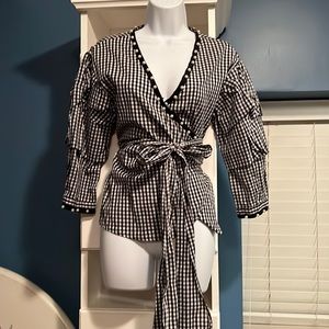 Black and white checked blouse with pearl detail